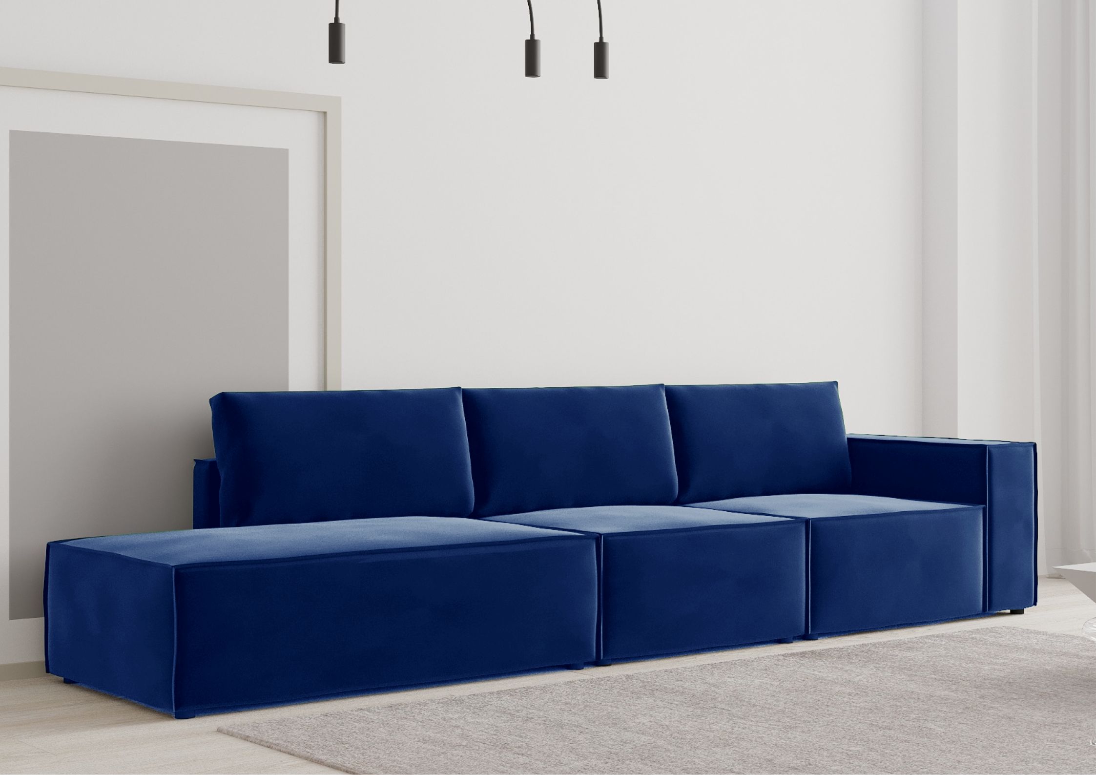 Granatowa sofa z przeszyciem zewnętrznym